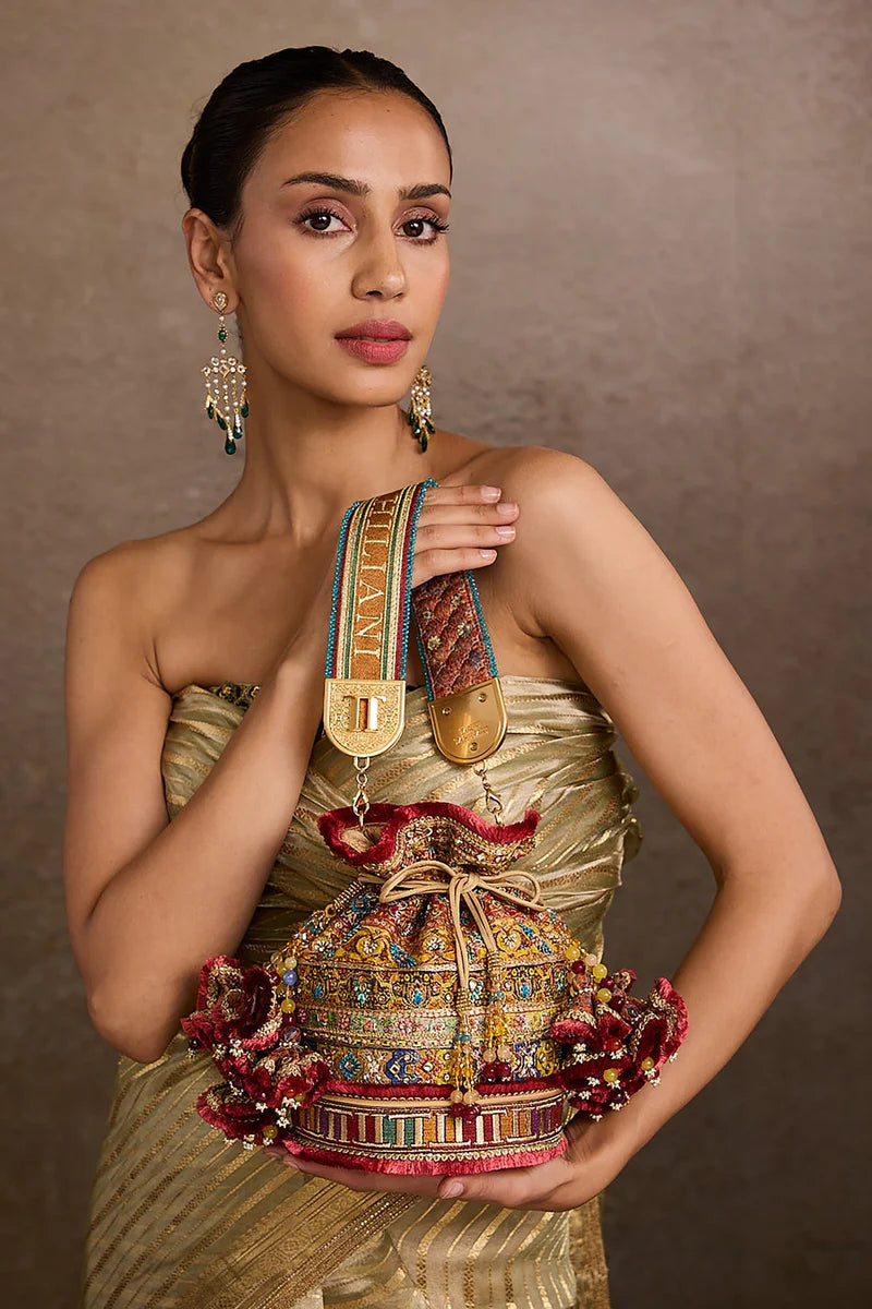 Multicoloured Crown Design Handbag – Beige Statement Accessory