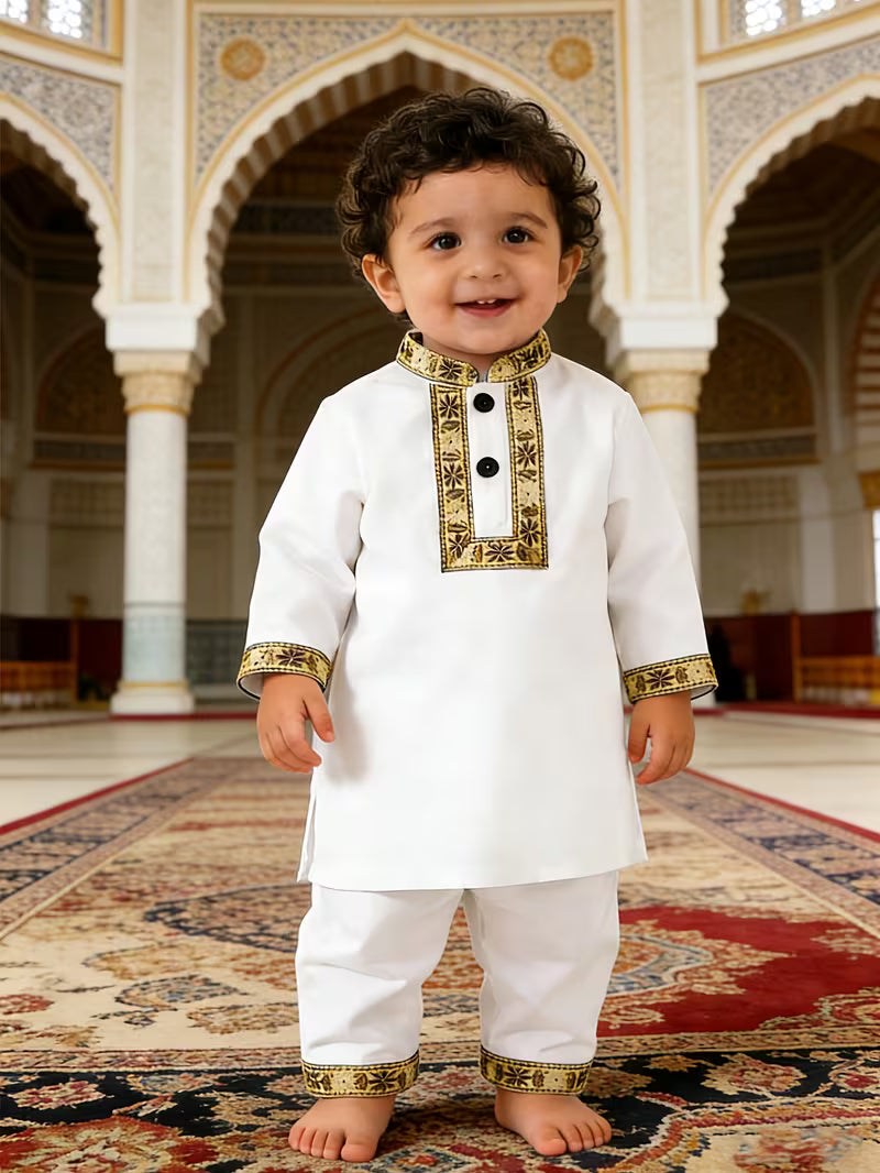 Boys’ Traditional Thobe with Embroidered Trim