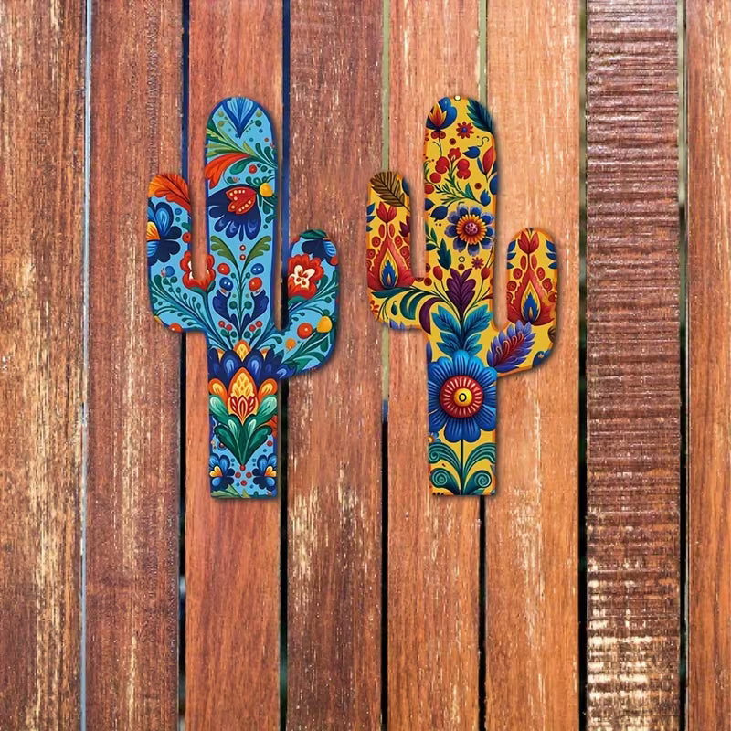 Hand Painted Mexican Style Wooden Cactus Wall Art