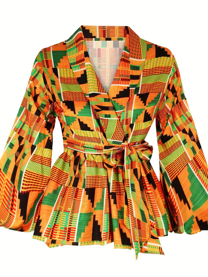 Women’s Geometric Print V-Neck Top with Bell Sleeves