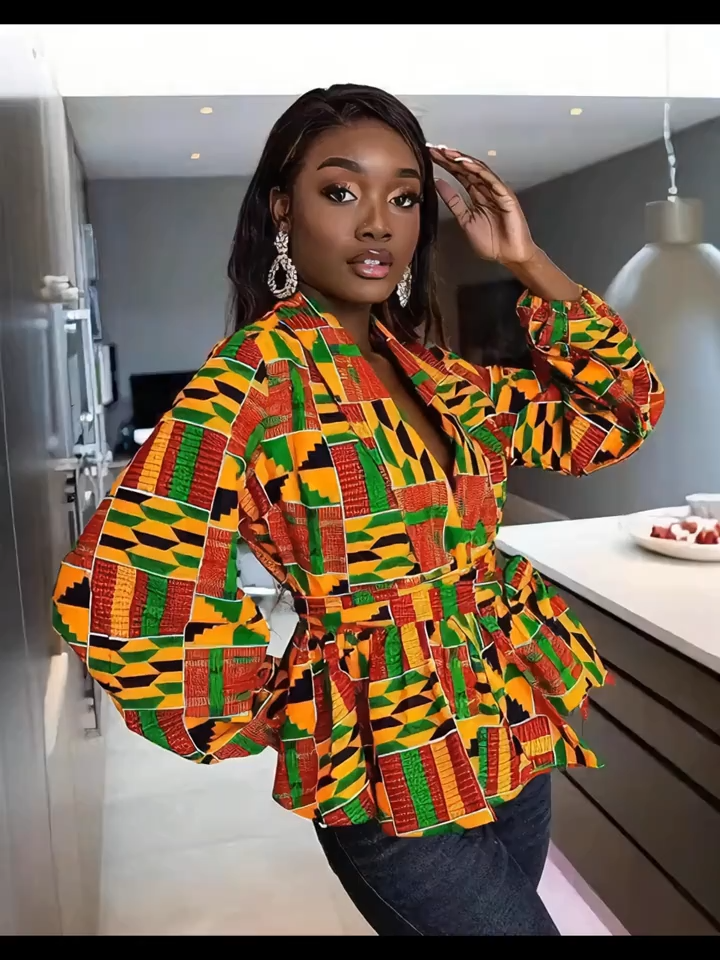 Women’s Geometric Print V-Neck Top with Bell Sleeves