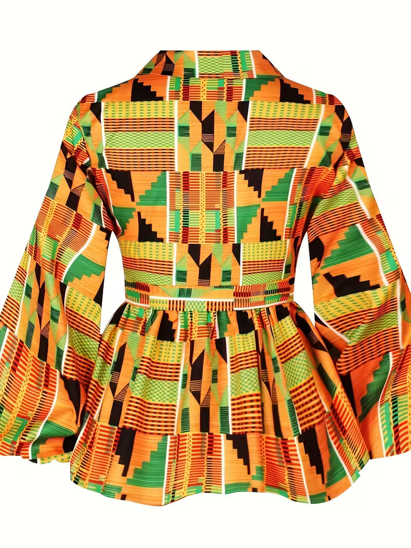 Women’s Geometric Print V-Neck Top with Bell Sleeves