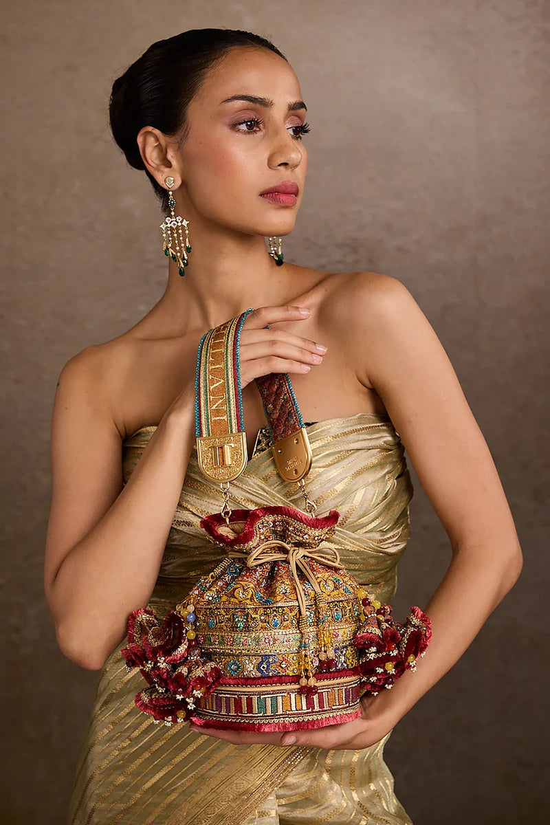 Multicoloured Crown Design Handbag – Beige Statement Accessory