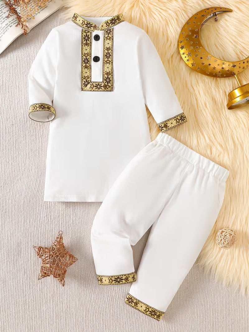 Boys’ Traditional Thobe with Embroidered Trim